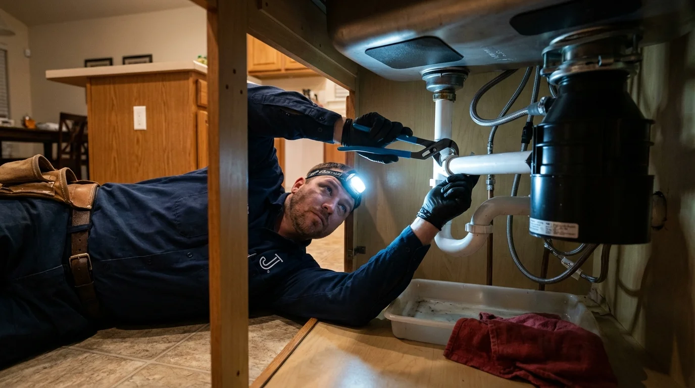 P-trap and supply line connections under a kitchen sink showing a common leak point in Georgetown, KY